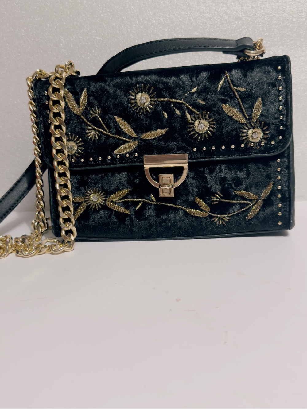 Topshop Black Velvet Crossbody with Gold Embroidery & Chain